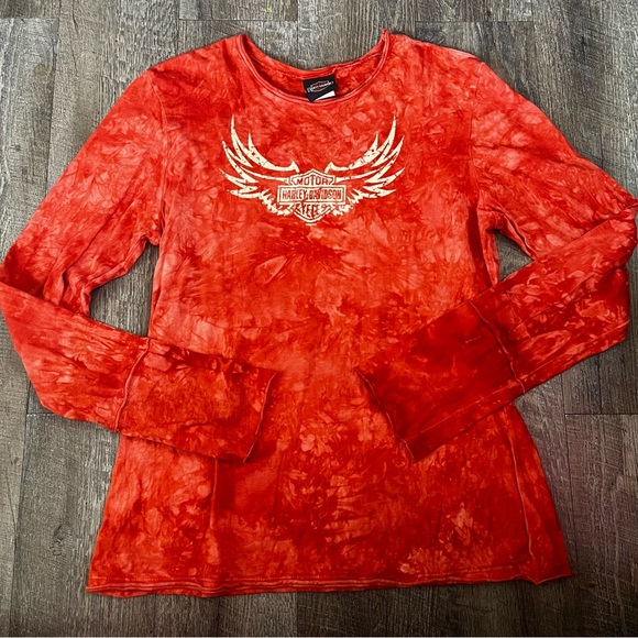 Y2K Harley Davidson Motorcycles Red Tie Dye Long Sleeve T-Shirt Sz X-Large - Picture 1 of 6